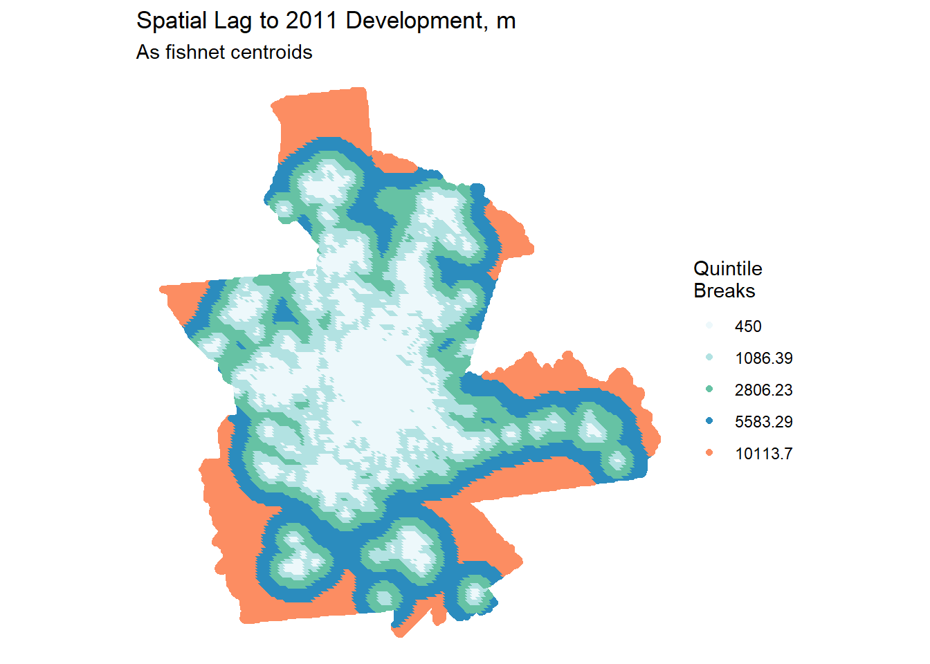 Spatial lag to 2011 development map (quintile breaks) as fishnet centroids