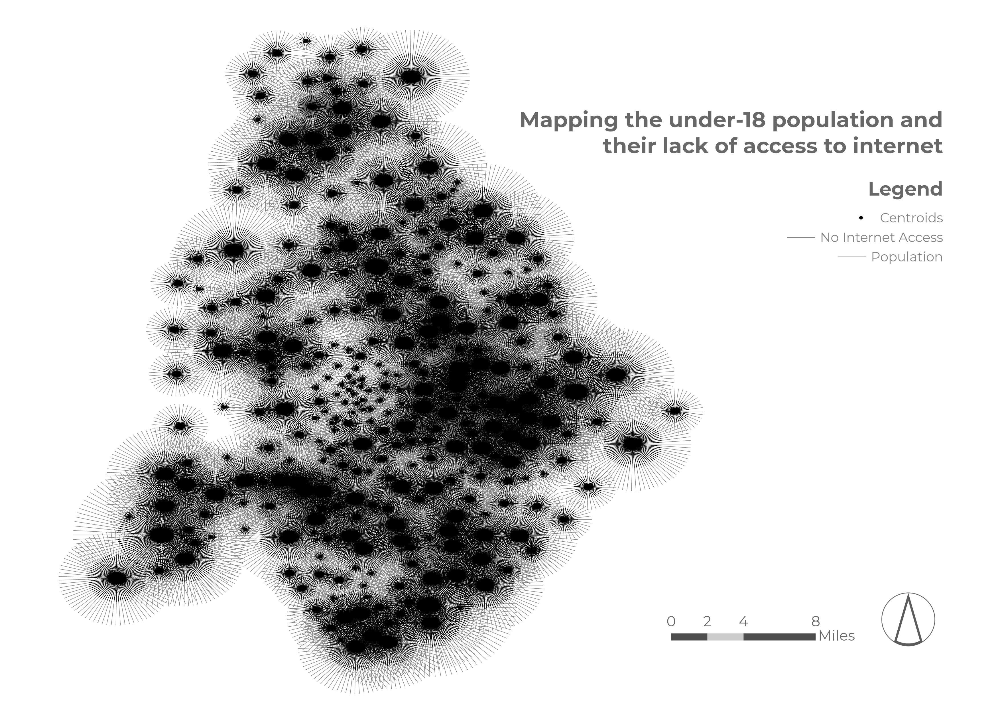 Map of under-18 population and lack of internet access using radial glyphs
