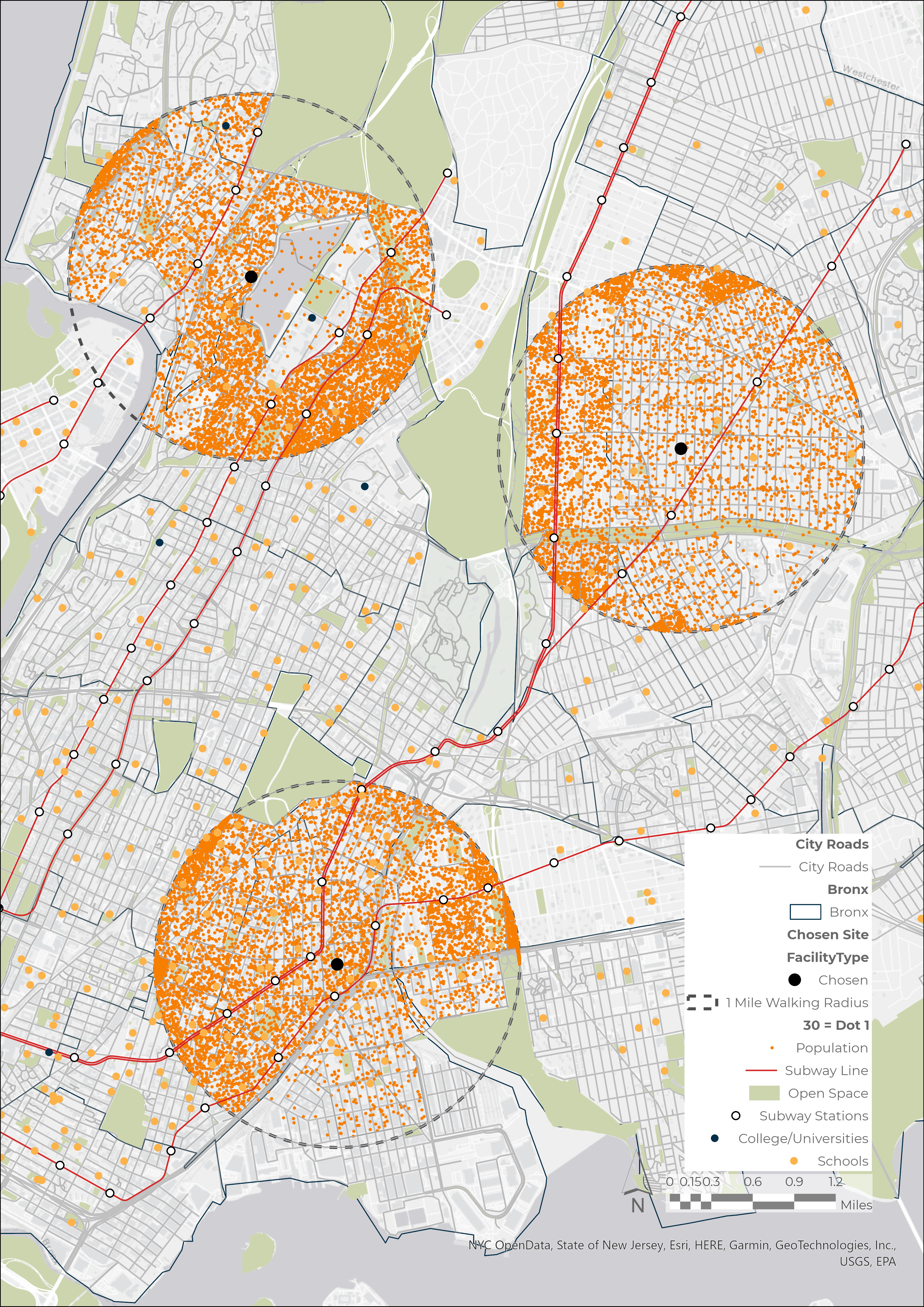 Network analysis map proposing new COVID center sites to maximize 30-minute access coverage